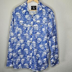Rock Roll-n-Soul Western Shirt Skull Rose Print Snap Button Long Sleeve Blue XL